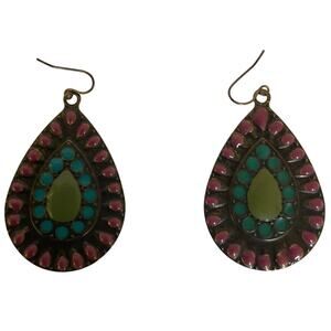 Vintage Boho Teardrop Earrings Pink Green Enamel Retro 80s